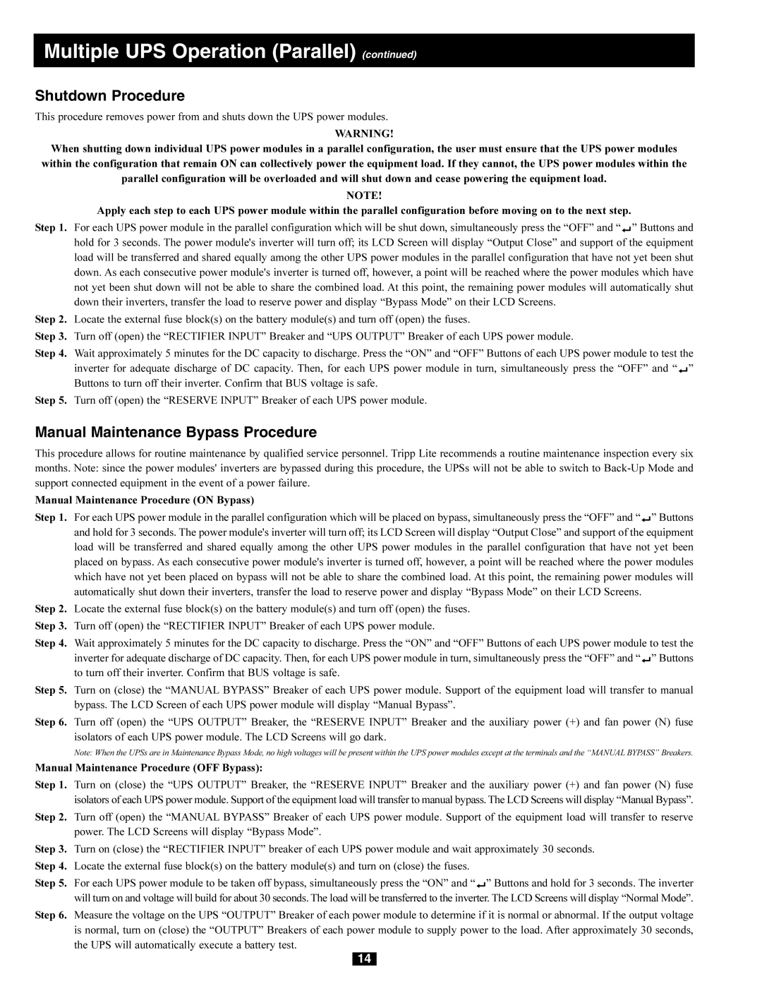 Tripp Lite 277/480V AC, 240/415V AC, 230/400V, 220/380V owner manual Shutdown Procedure 