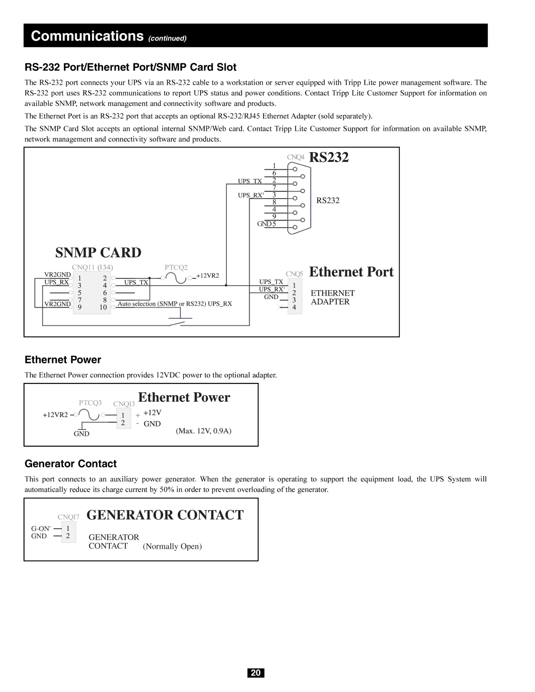 Tripp Lite 240/415V AC, 230/400V, 277/480V AC RS-232 Port/Ethernet Port/SNMP Card Slot, Ethernet Power, Generator Contact 