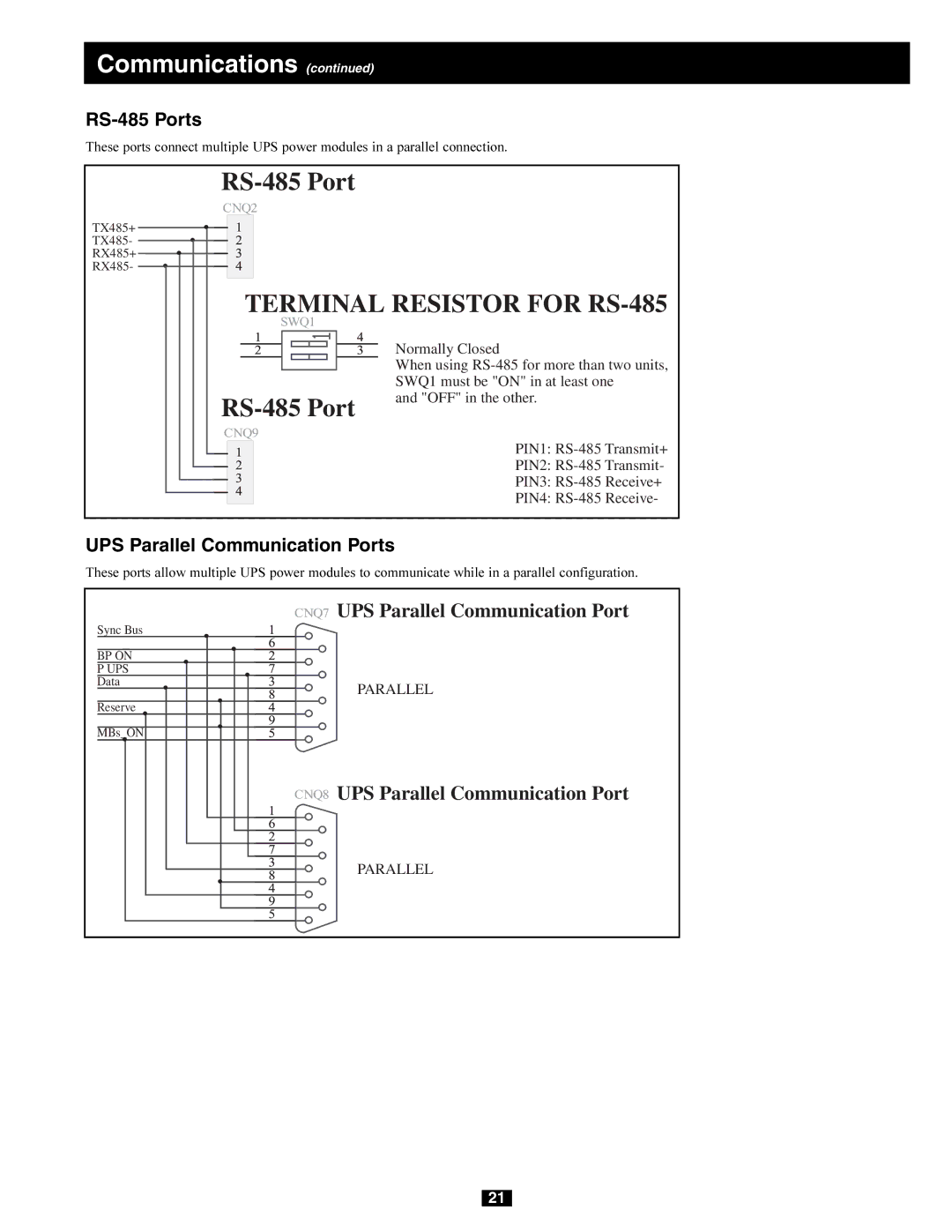 Tripp Lite 230/400V, 240/415V AC, 277/480V AC, 220/380V owner manual RS-485 Ports, UPS Parallel Communication Ports 