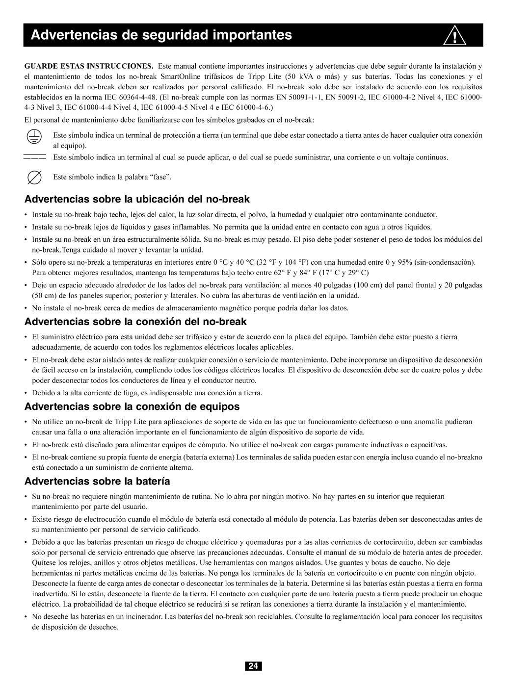 Tripp Lite 240/415V AC, 230/400V Advertencias de seguridad importantes, Advertencias sobre la ubicación del no-break 