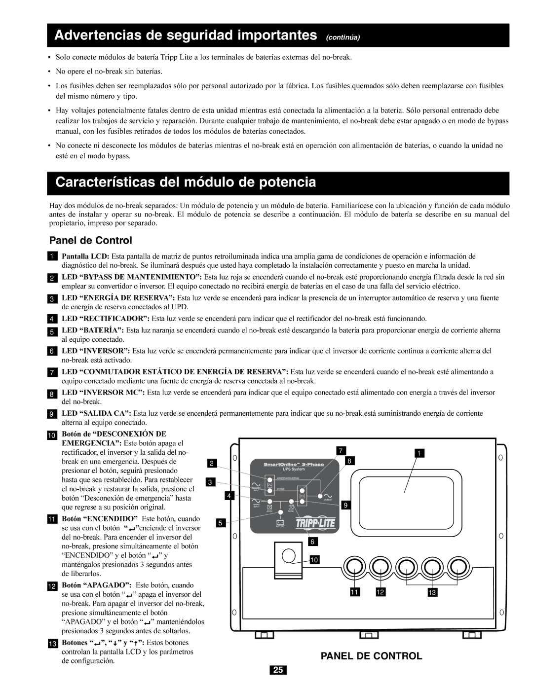 Tripp Lite 230/400V, 240/415V AC, 277/480V AC, 220/380V Advertencias de seguridad importantes continúa, Panel de Control 