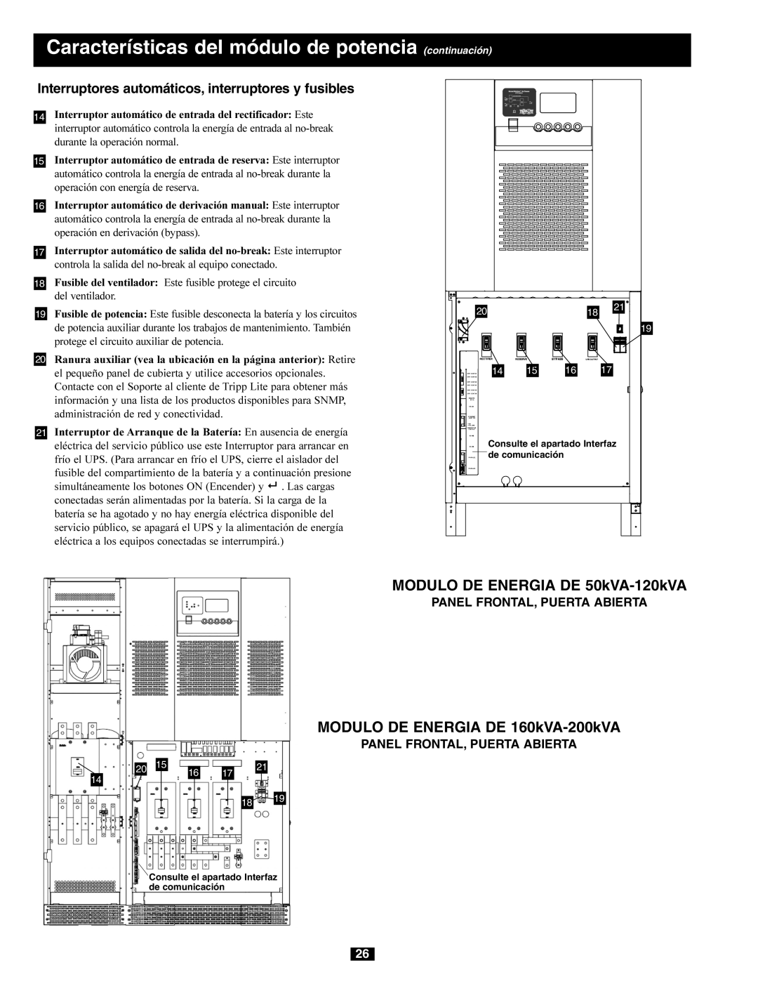 Tripp Lite 277/480V AC, 240/415V AC Características del módulo de potencia continuación, Modulo DE Energia DE 50kVA-120kVA 