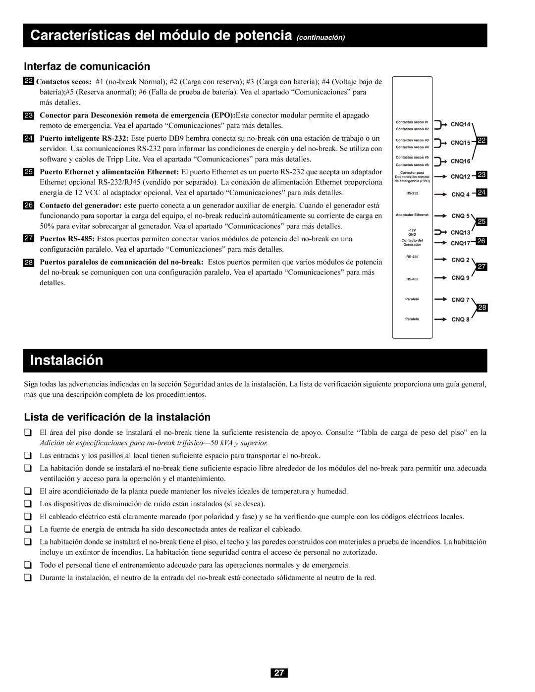 Tripp Lite 220/380V, 240/415V AC, 230/400V, 277/480V AC Interfaz de comunicación, Lista de verificación de la instalación 