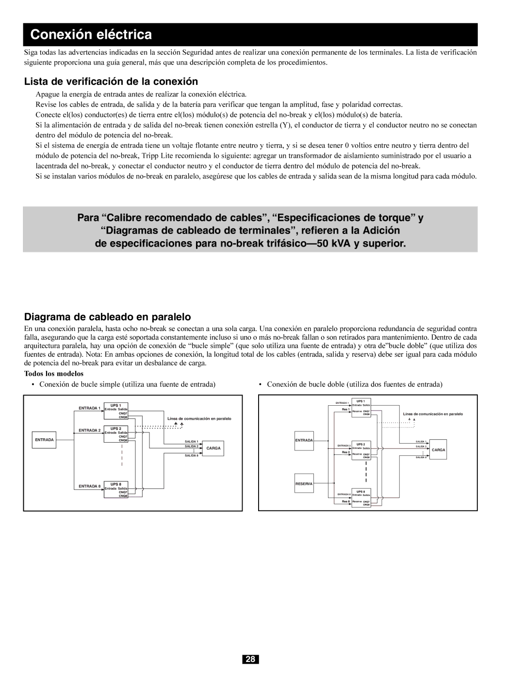 Tripp Lite 240/415V AC, 230/400V, 277/480V AC, 220/380V owner manual Conexión eléctrica, Lista de verificación de la conexión 