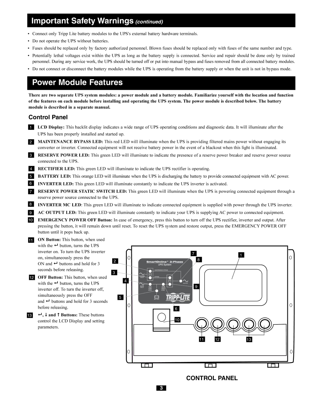 Tripp Lite 220/380V, 240/415V AC, 230/400V, 277/480V AC owner manual Control Panel 