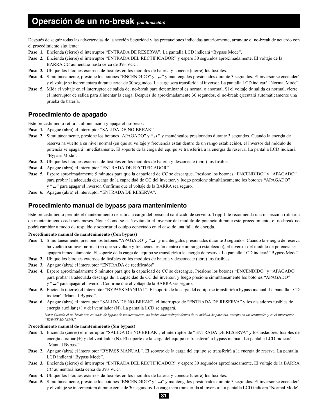 Tripp Lite 220/380V, 240/415V AC, 230/400V, 277/480V AC owner manual Operación de un no-break continuación 