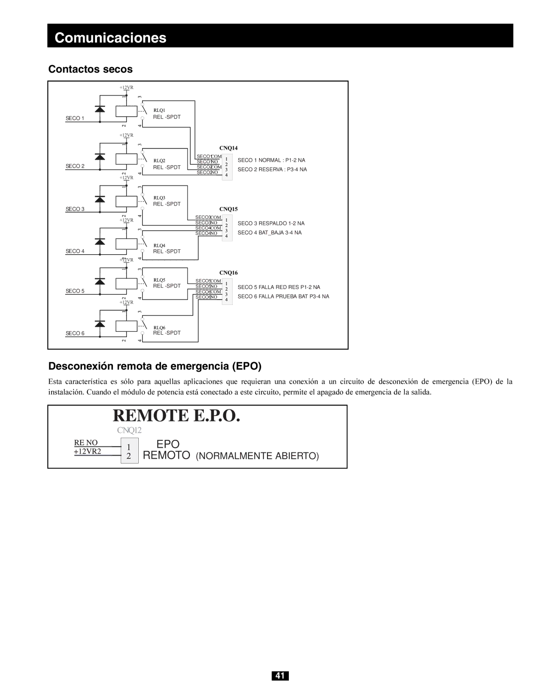 Tripp Lite 230/400V, 240/415V AC, 277/480V AC, 220/380V owner manual Contactos secos, Desconexión remota de emergencia EPO 