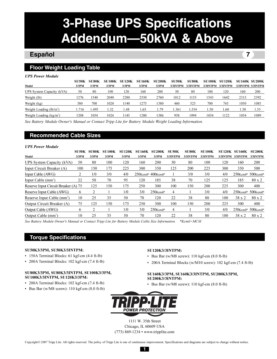 Tripp Lite 230/400V, 240/415V AC, 277/480V AC, 220/380V owner manual Phase UPS Specifications Addendum-50kVA & Above 