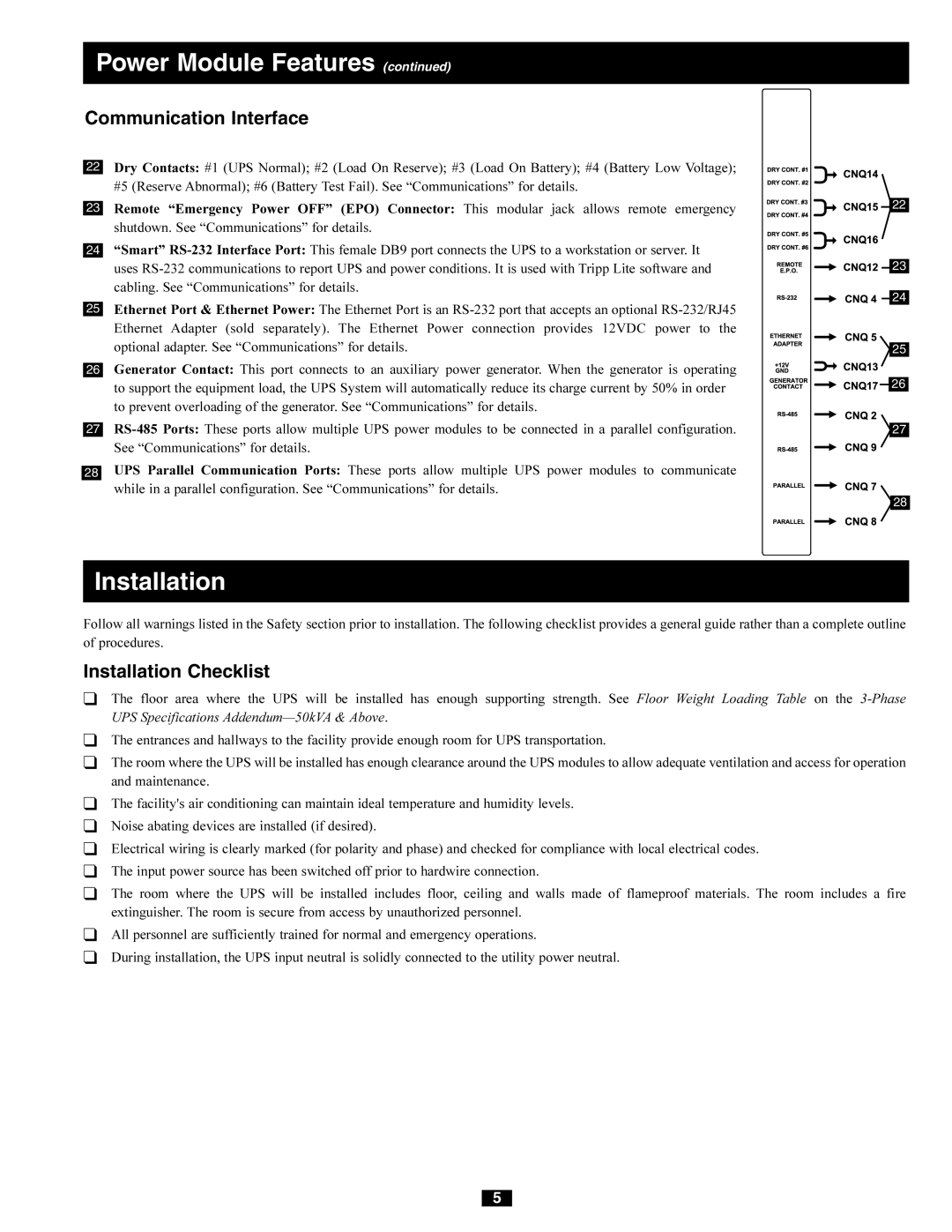 Tripp Lite 230/400V, 240/415V AC, 277/480V AC, 220/380V owner manual Communication Interface, Installation Checklist 