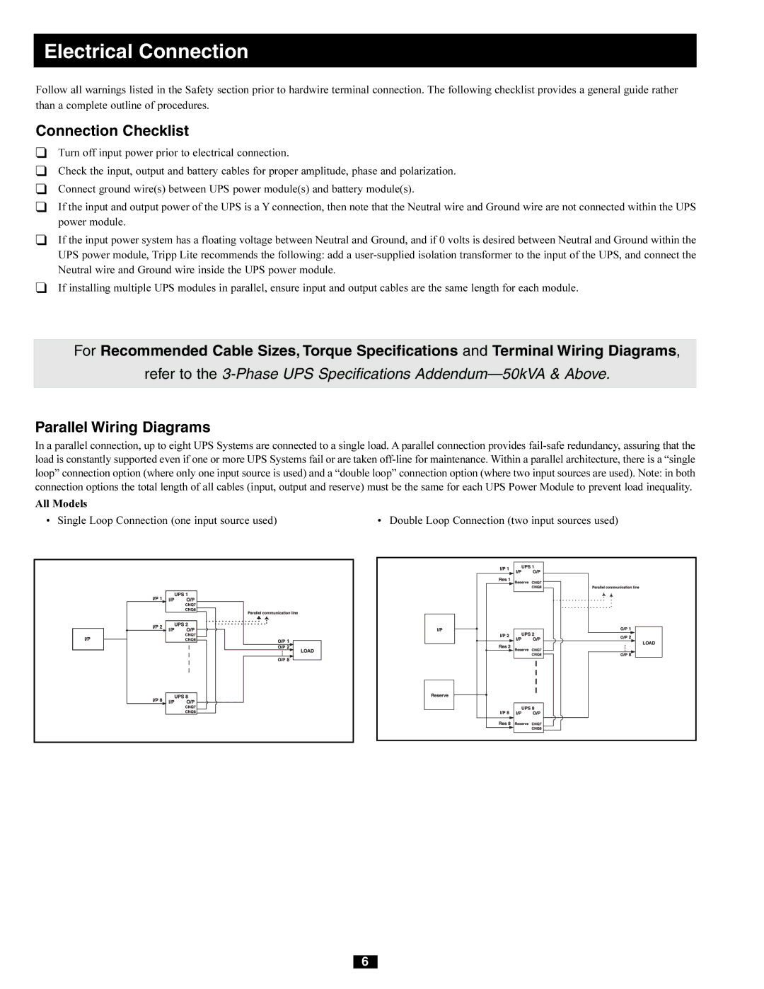 Tripp Lite 277/480V AC, 240/415V AC, 230/400V, 220/380V owner manual Connection Checklist, Parallel Wiring Diagrams 