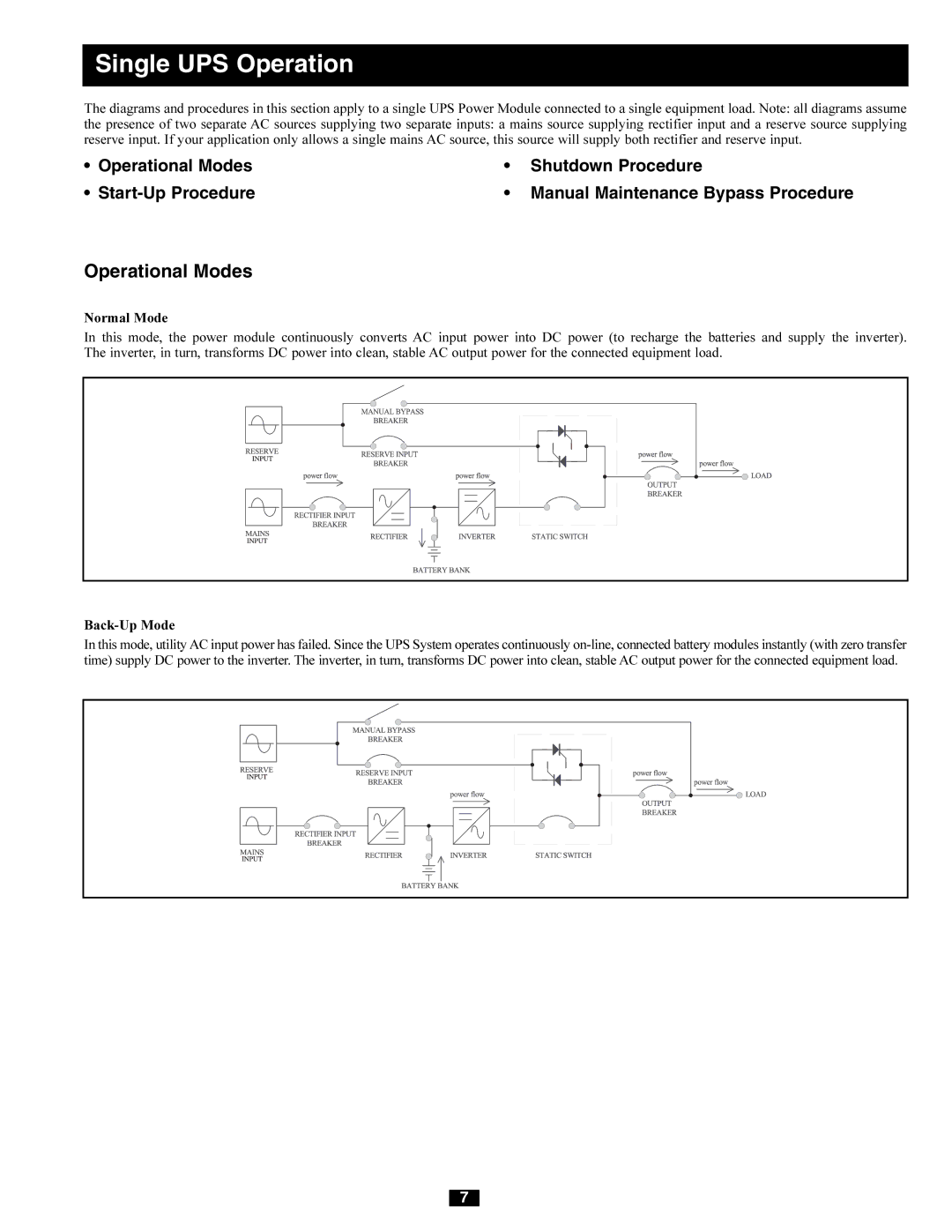 Tripp Lite 220/380V, 240/415V AC, 230/400V, 277/480V AC owner manual Single UPS Operation, Operational Modes 