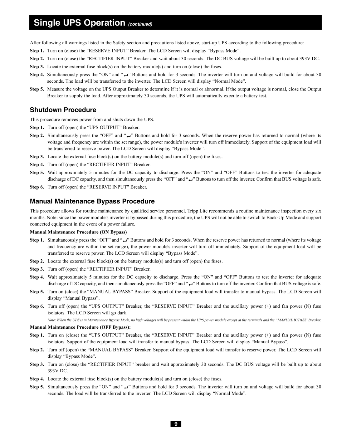 Tripp Lite 230/400V, 240/415V AC, 277/480V AC, 220/380V owner manual Shutdown Procedure, Manual Maintenance Bypass Procedure 