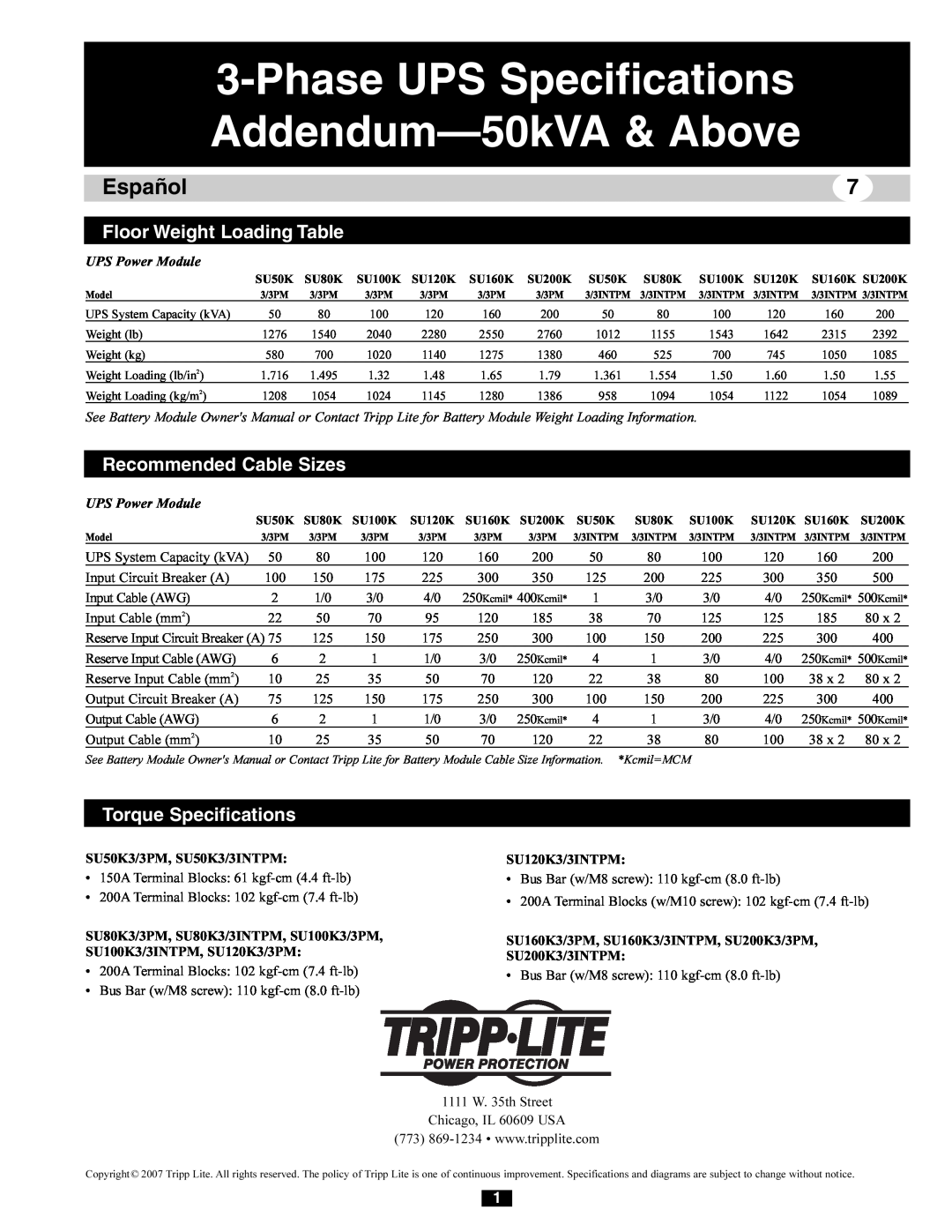 Tripp Lite 230/400V, 240/415V AC Phase UPS Specifications Addendum-50kVA & Above, Español, Floor Weight Loading Table 