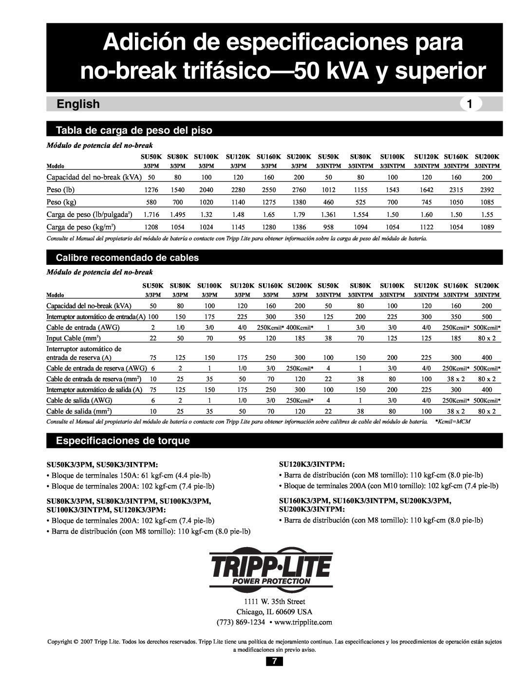 Tripp Lite 220/380V, 240/415V AC, 230/400V Adición de especificaciones para no-break trifásico-50 kVA y superior, English 