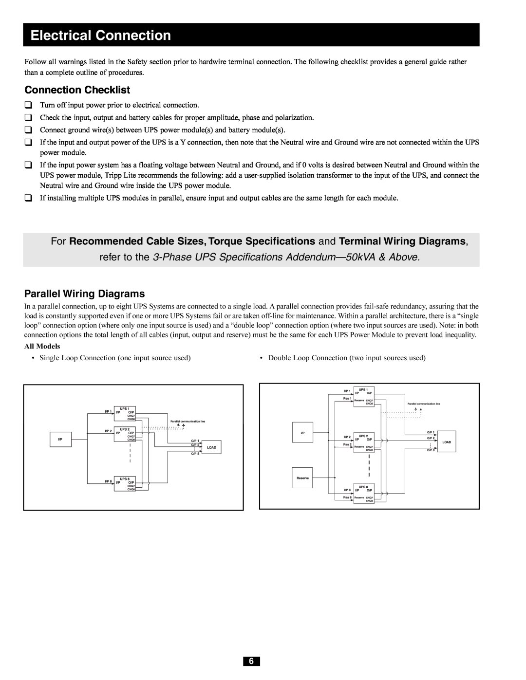 Tripp Lite 277/480V AC, 240/415V AC Connection Checklist, refer to the 3-Phase UPS Specifications Addendum-50kVA & Above 