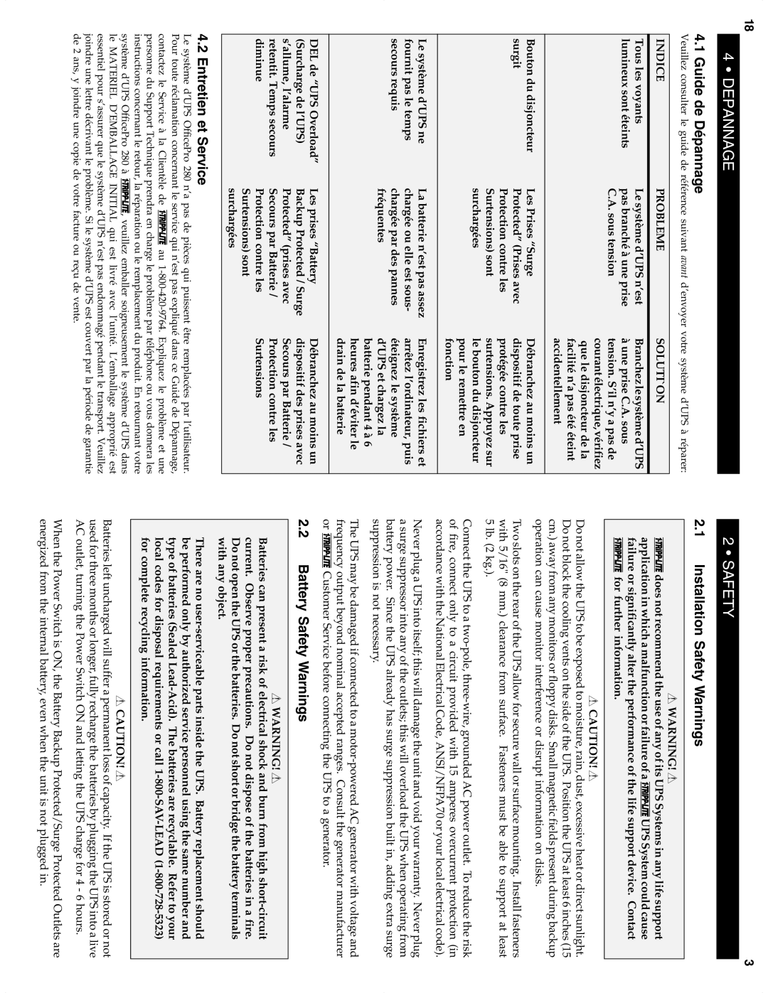 Tripp Lite 280 owner manual Depannage, Safety 