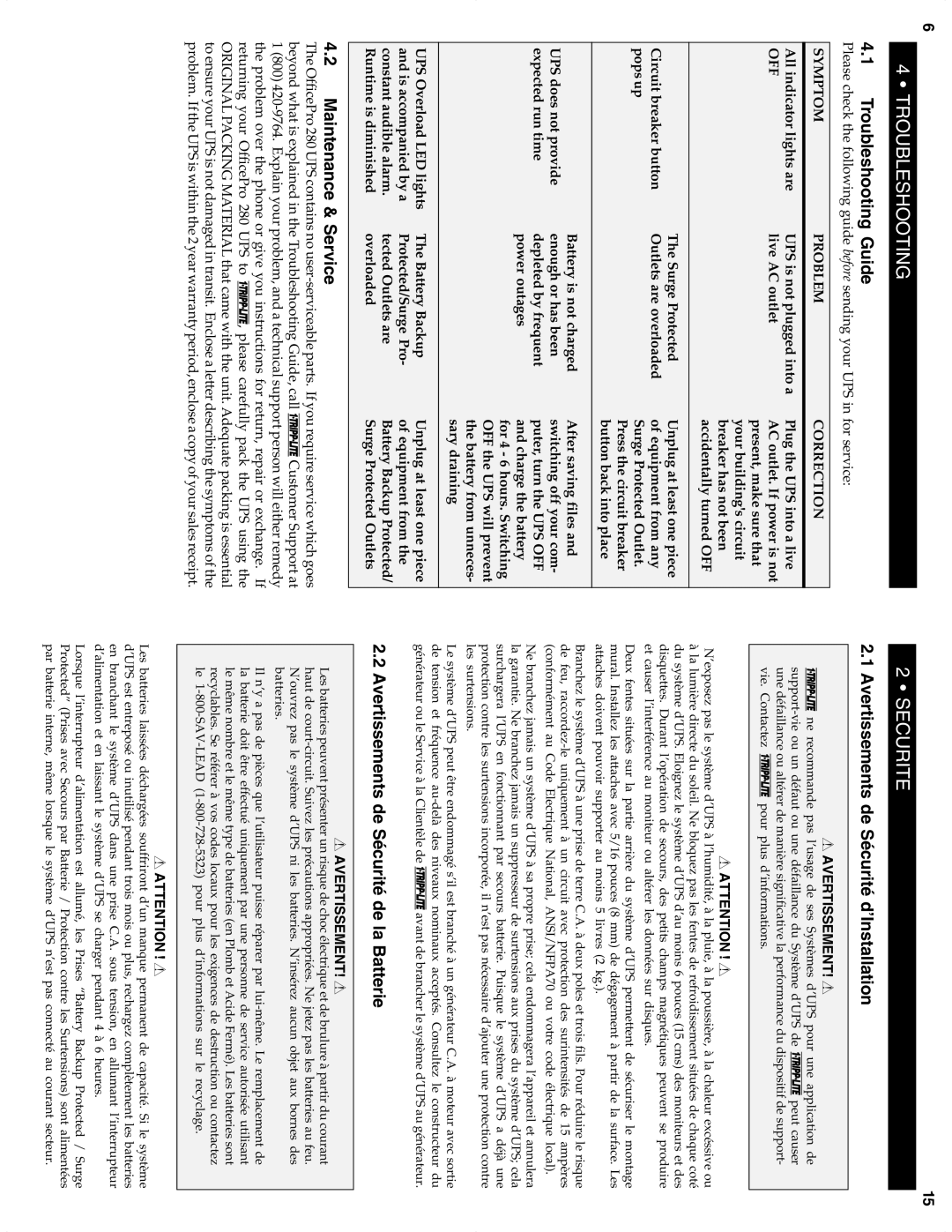 Tripp Lite 280 owner manual Troubleshooting, Securite 