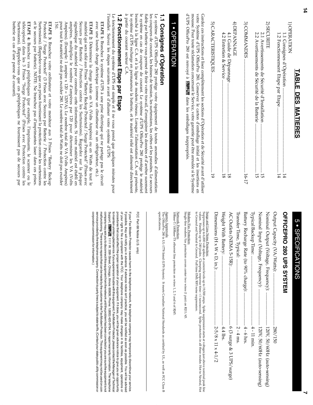 Tripp Lite 280 owner manual Table DES Matieres, Specifications, Consignes d’Opération, Fonctionnement Etape par Etape 