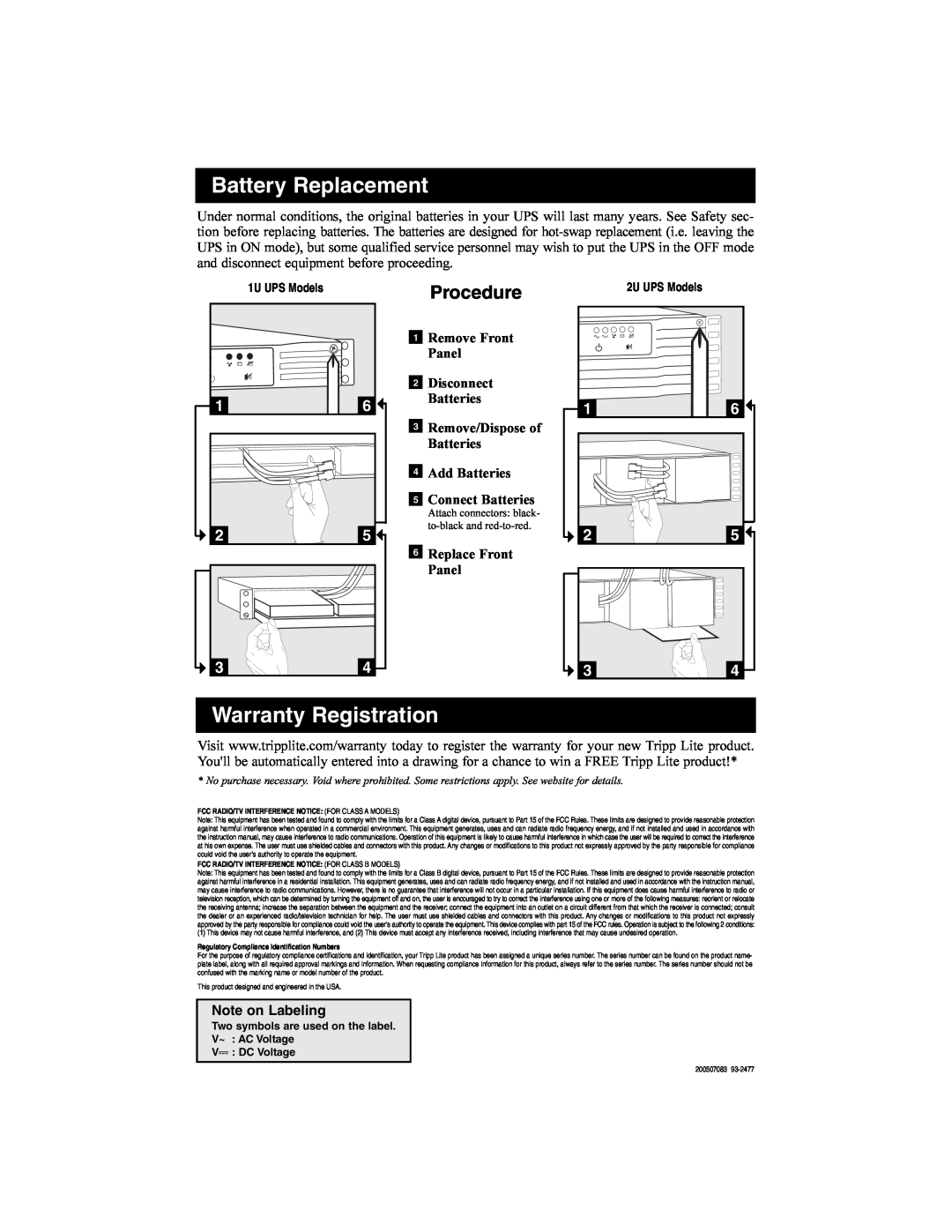 Tripp Lite 2POSTRMKITWM Procedure, Battery Replacement, Warranty Registration, Note on Labeling, 1U UPS Models, 200507083 