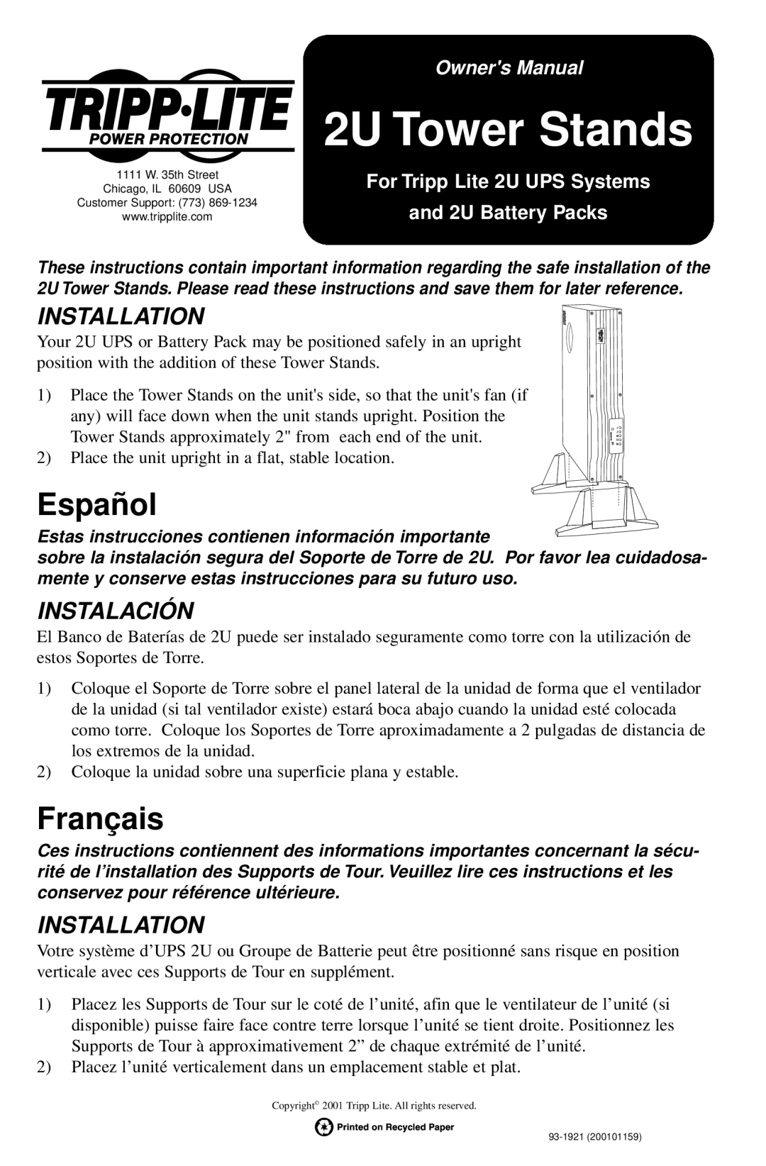 Tripp Lite owner manual 2U Tower Stands, Español, Français, Installation, Instalación 