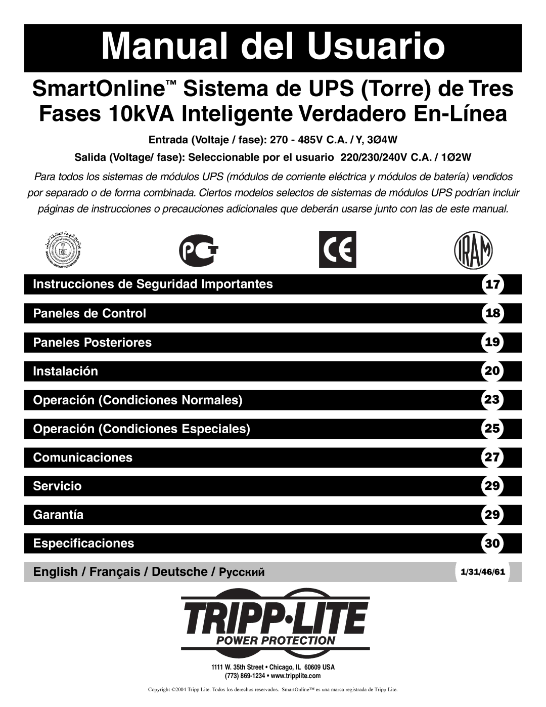 Tripp Lite 3-Phase 10kVA owner manual Manual del Usuario 