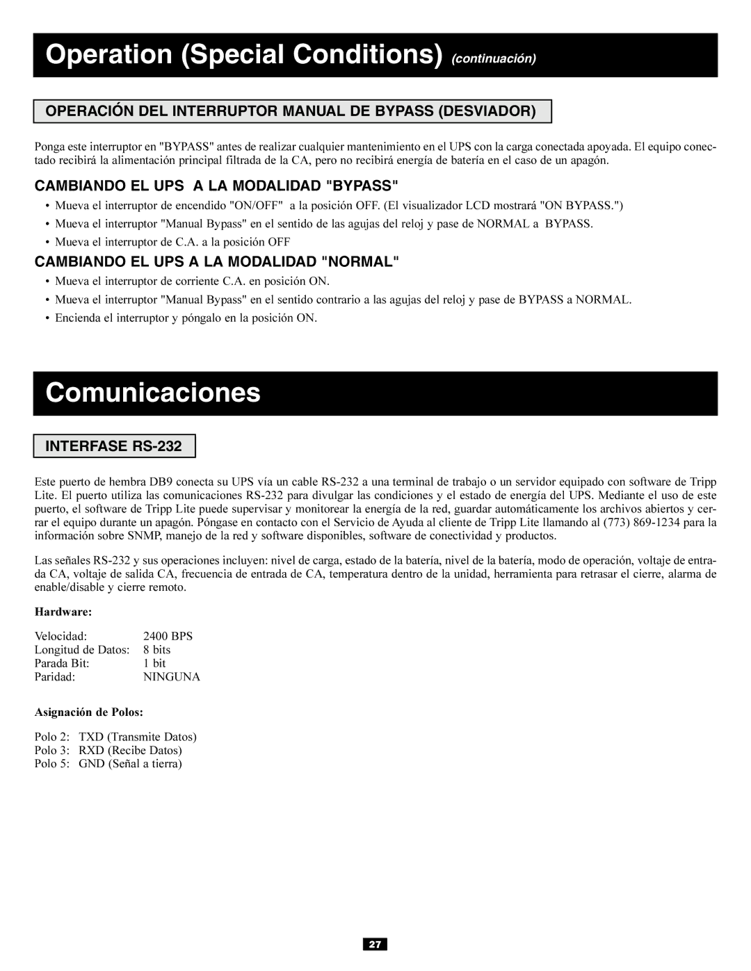 Tripp Lite 3-Phase 10kVA owner manual Operation Special Conditions continuación, Comunicaciones 