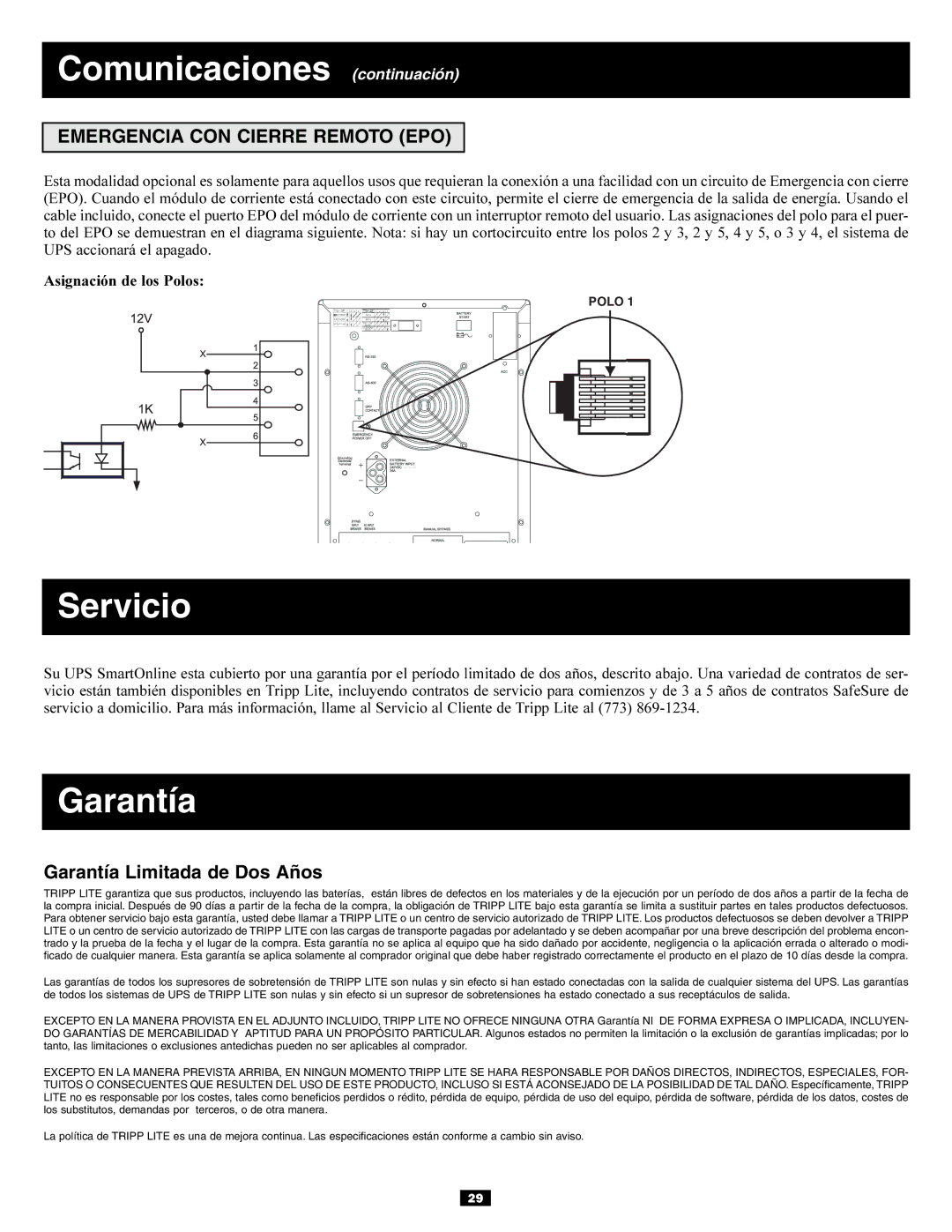 Tripp Lite 3-Phase 10kVA owner manual Servicio, Emergencia CON Cierre Remoto EPO, Garantía Limitada de Dos Años 