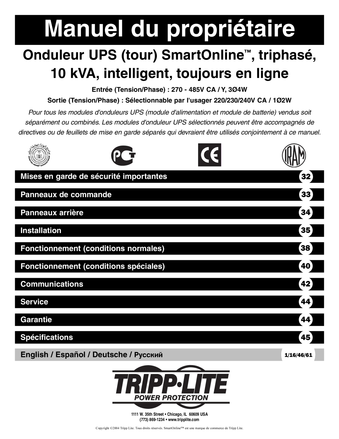 Tripp Lite 3-Phase 10kVA owner manual Manuel du propriétaire 