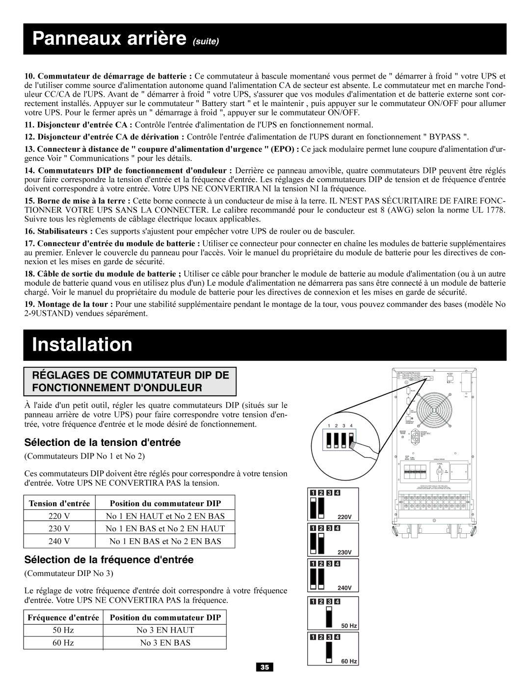 Tripp Lite 3-Phase 10kVA owner manual Panneaux arrière suite, Réglages DE Commutateur DIP DE Fonctionnement Donduleur 