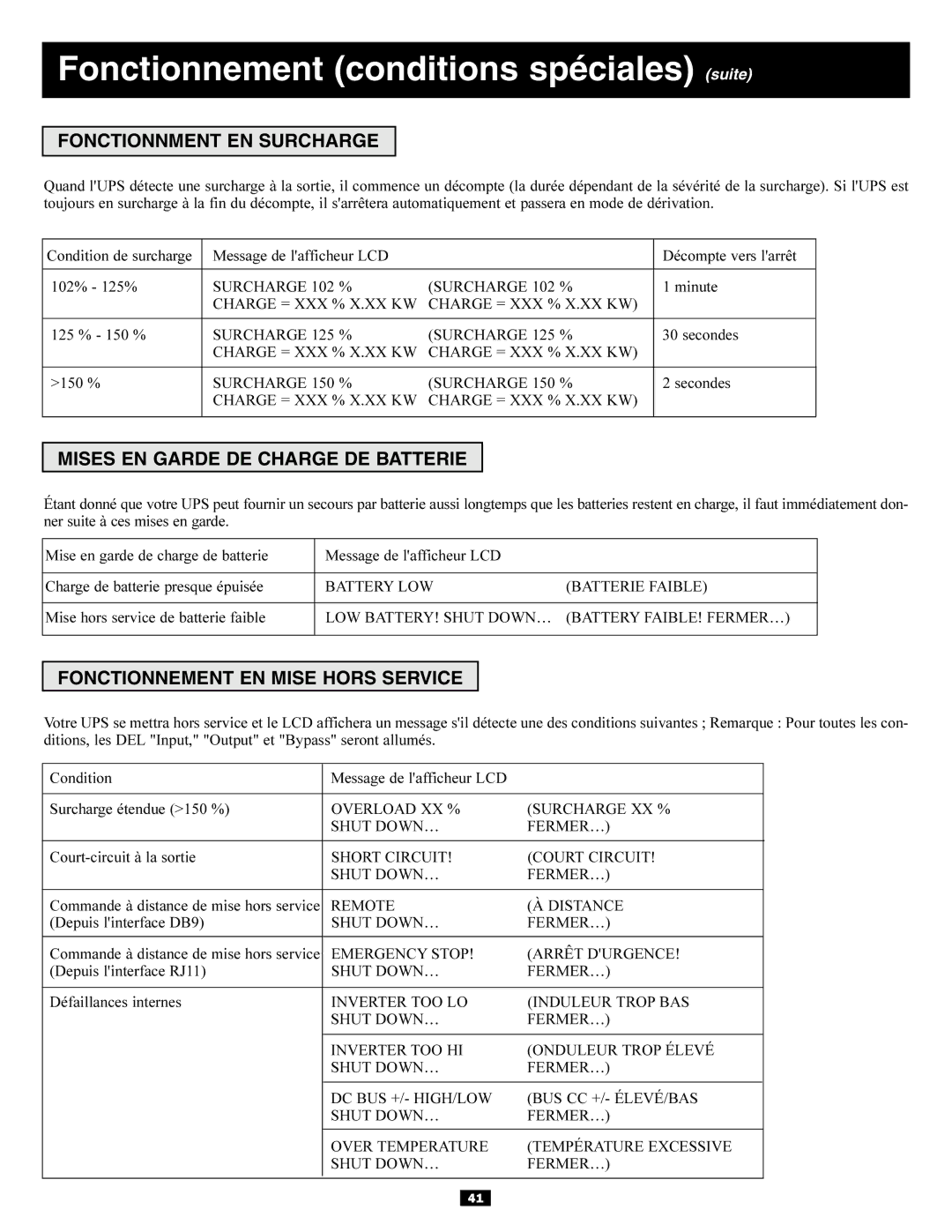 Tripp Lite 3-Phase 10kVA owner manual Fonctionnement conditions spéciales suite, Fonctionnment EN Surcharge 