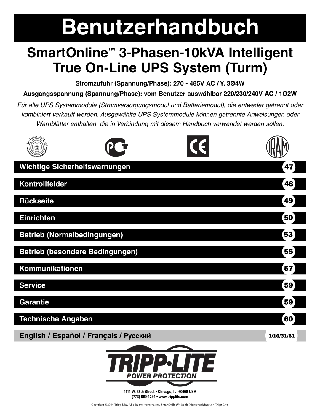 Tripp Lite 3-Phase 10kVA owner manual Benutzerhandbuch 