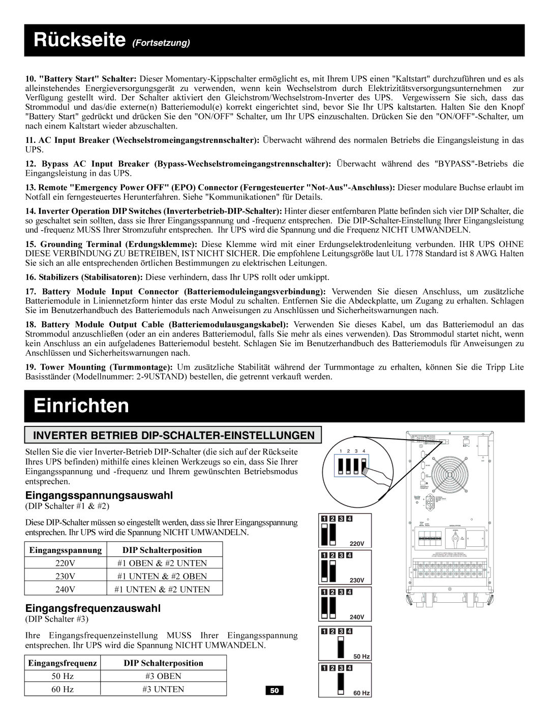 Tripp Lite 3-Phase 10kVA owner manual Einrichten, Inverter Betrieb DIP-SCHALTER-EINSTELLUNGEN, Eingangsspannungsauswahl 