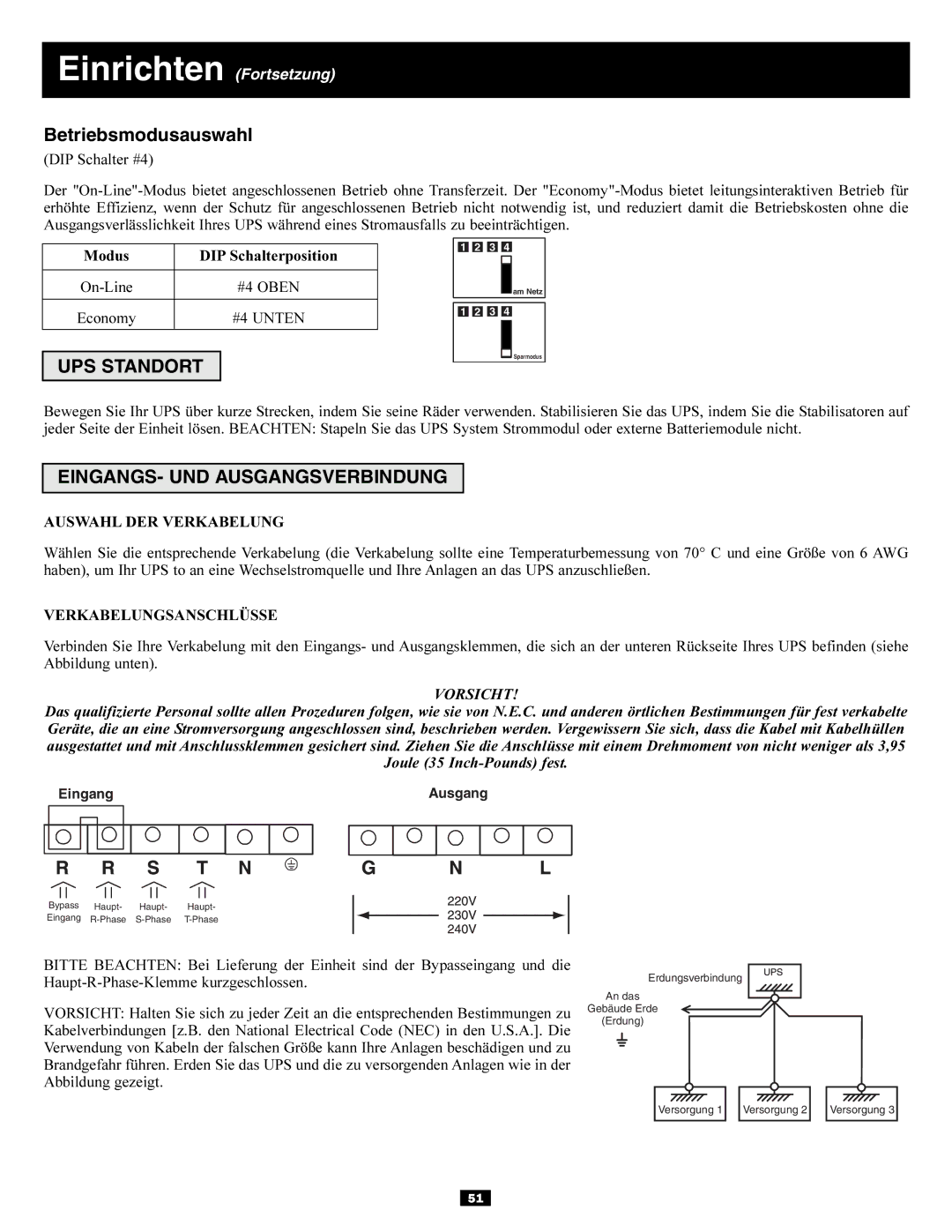 Tripp Lite 3-Phase 10kVA owner manual Betriebsmodusauswahl, UPS Standort, EINGANGS- UND Ausgangsverbindung 