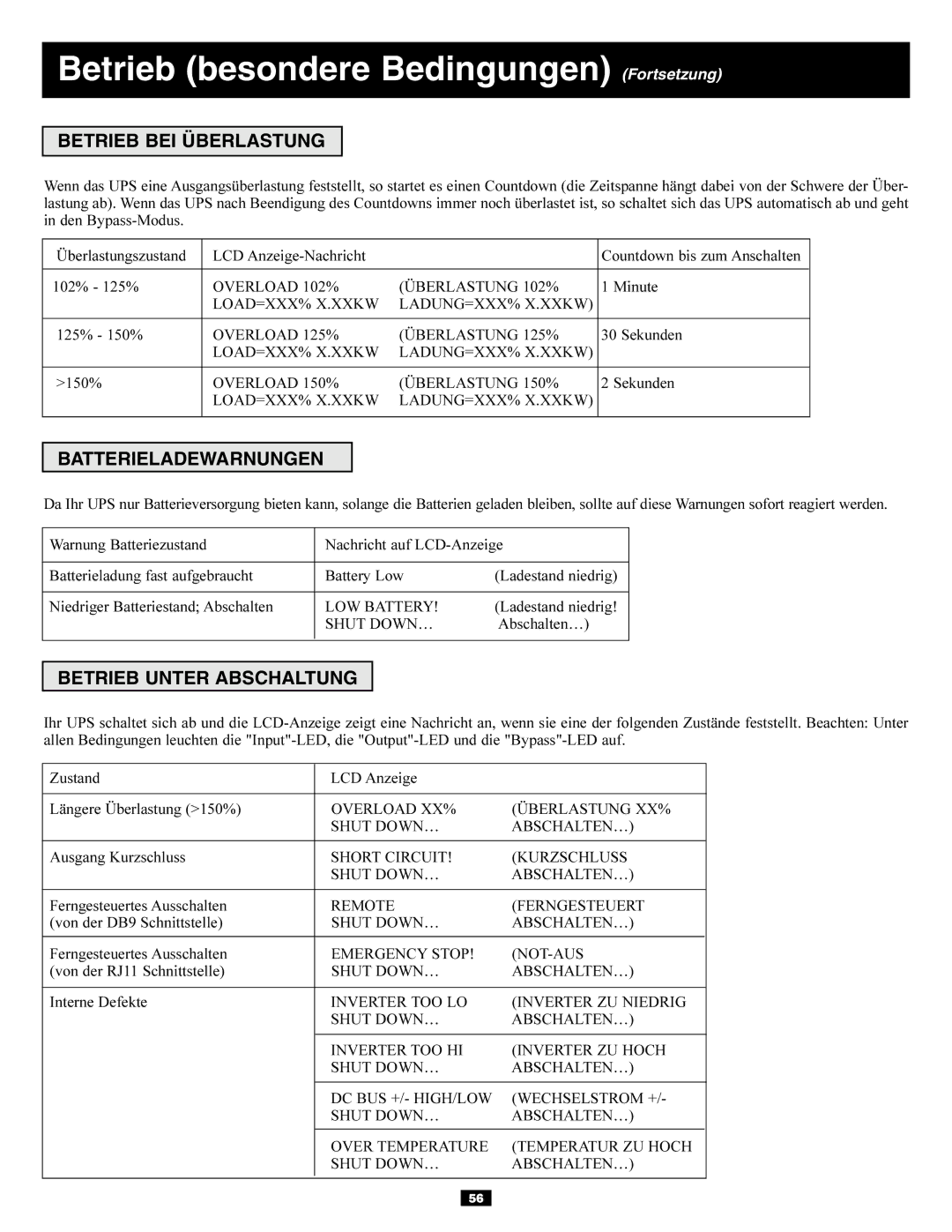 Tripp Lite 3-Phase 10kVA Betrieb besondere Bedingungen Fortsetzung, Betrieb BEI Überlastung, Batterieladewarnungen 