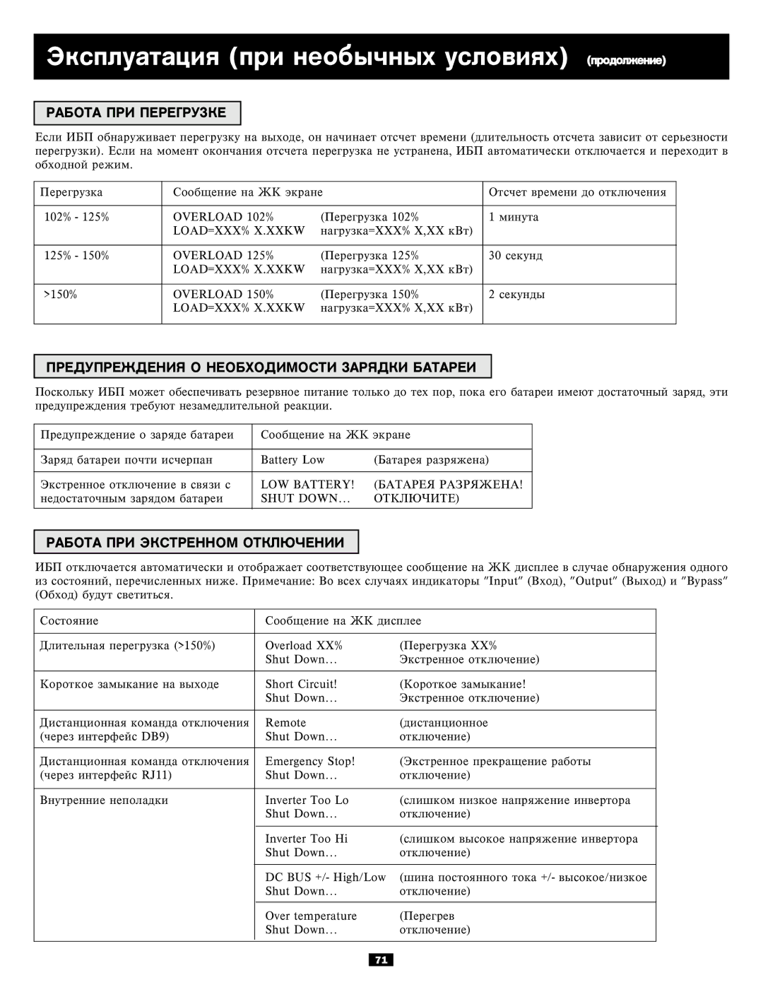 Tripp Lite 3-Phase 10kVA Ýêñïëóàòàöèÿ ïðè íåîáû÷íûõ óñëîâèÿõ ïðîäîëæåíèå, ÏÐÅÄÓÏÐÅÆÄÅÍÈß Î Íåîáõîäèìîñòè ÇÀÐßÄÊÈ Áàòàðåè 
