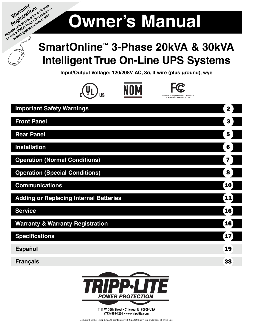 Tripp Lite 30kVA, 3-Phase 20kVA owner manual Warranty, Registration 