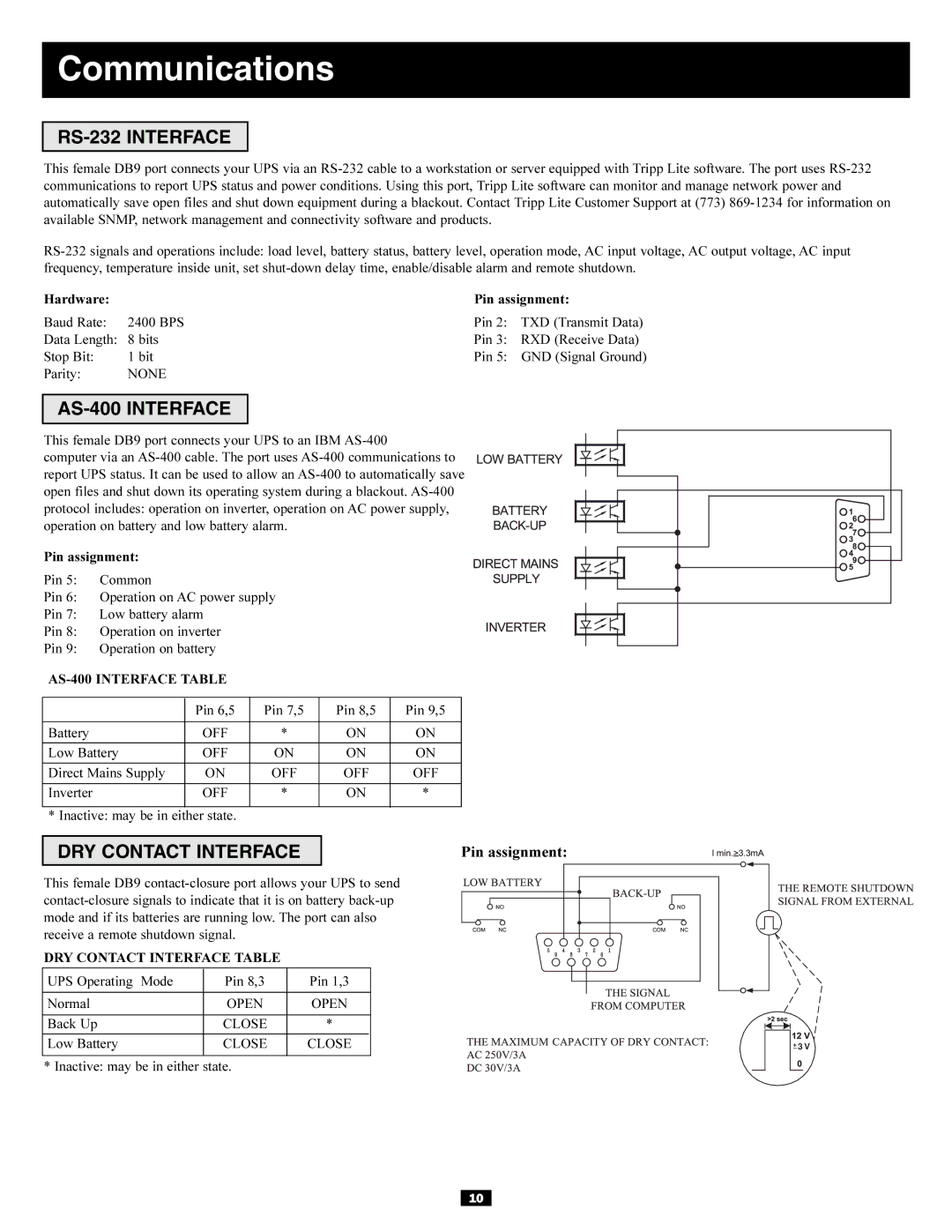 Tripp Lite 3-Phase 20kVA, 30kVA owner manual Communications, RS-232 Interface, AS-400 Interface, DRY Contact Interface 