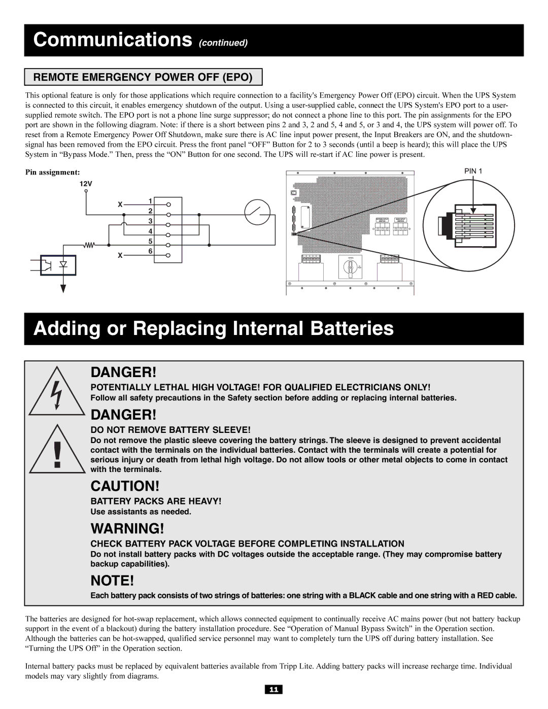 Tripp Lite 30kVA Adding or Replacing Internal Batteries, Remote Emergency Power OFF EPO, Do not Remove Battery Sleeve 