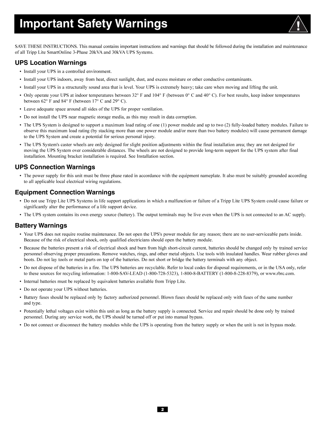 Tripp Lite 3-Phase 20kVA Important Safety Warnings, UPS Location Warnings, UPS Connection Warnings, Battery Warnings 