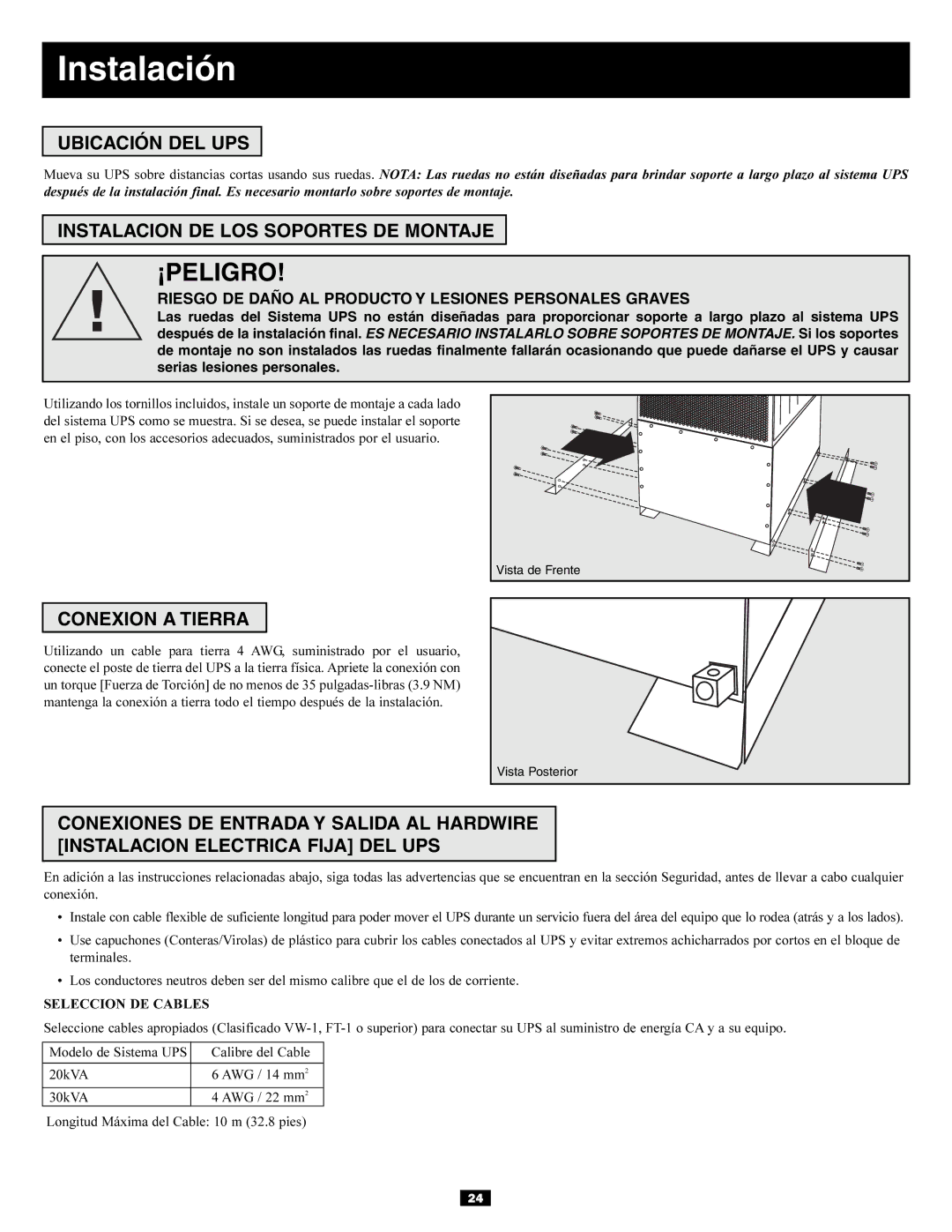 Tripp Lite 3-Phase 20kVA, 30kVA Instalación, Ubicación DEL UPS, Instalacion DE LOS Soportes DE Montaje, Conexion a Tierra 