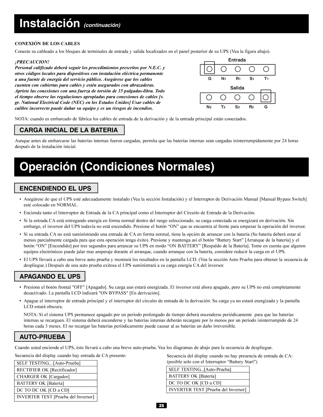 Tripp Lite 30kVA Operación Condiciones Normales, Carga Inicial DE LA Bateria, Encendiendo EL UPS, Apagando EL UPS 