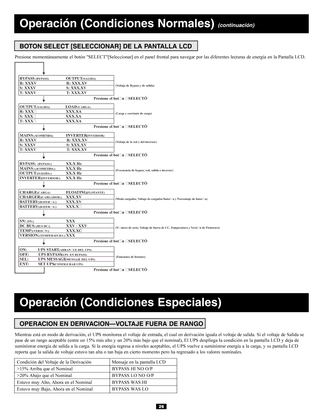 Tripp Lite 3-Phase 20kVA, 30kVA owner manual Operación Condiciones Normales continuación, Operación Condiciones Especiales 