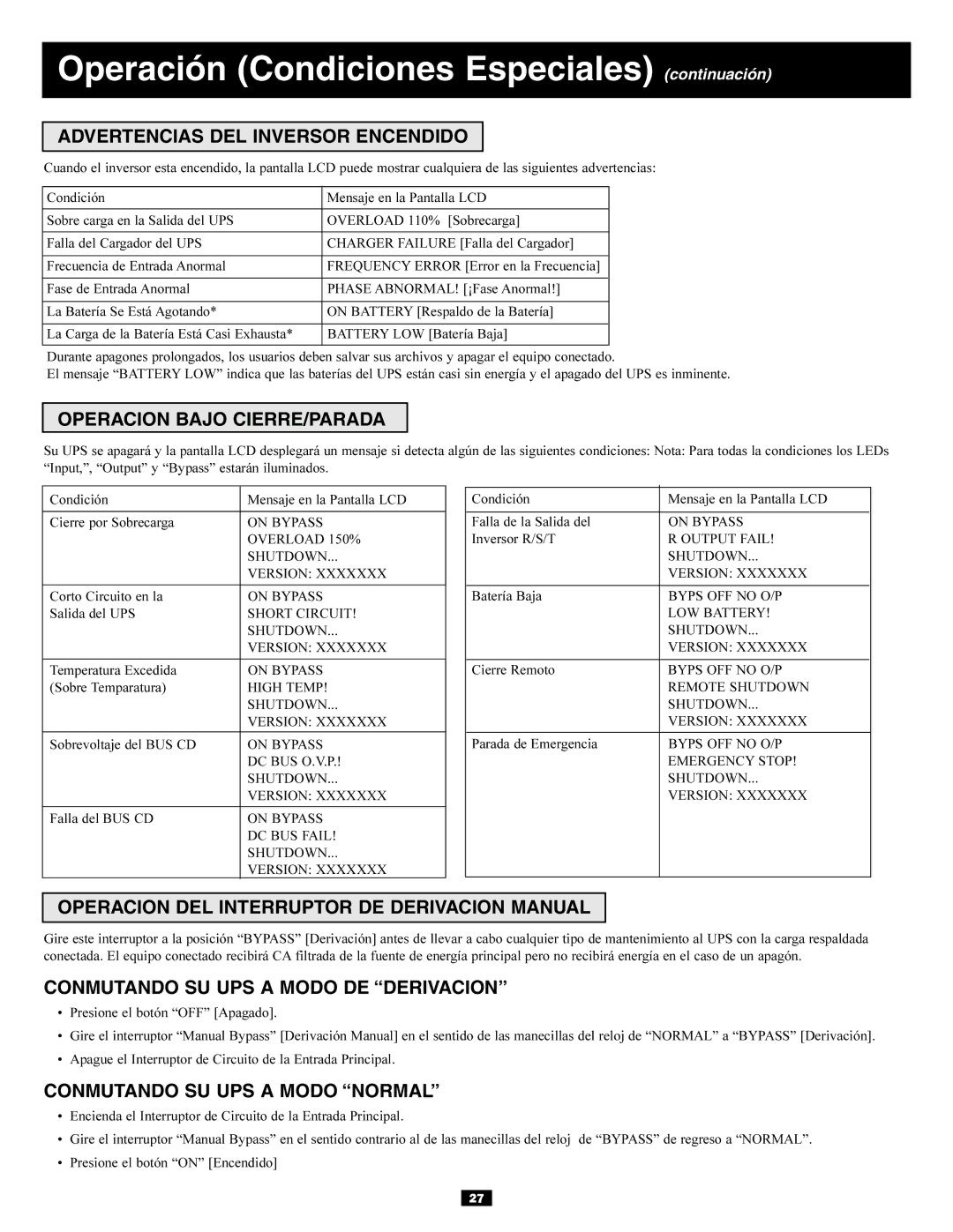 Tripp Lite 30kVA, 3-Phase 20kVA owner manual Operación Condiciones Especiales continuación 