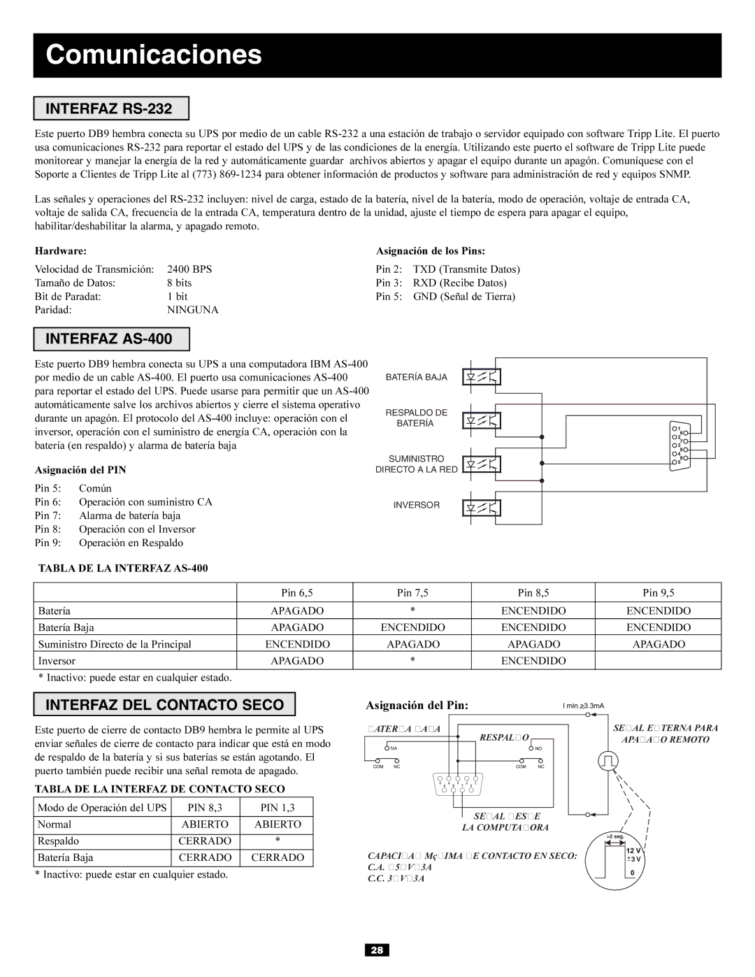 Tripp Lite 3-Phase 20kVA, 30kVA owner manual Comunicaciones, Interfaz RS-232, Interfaz AS-400, Interfaz DEL Contacto Seco 