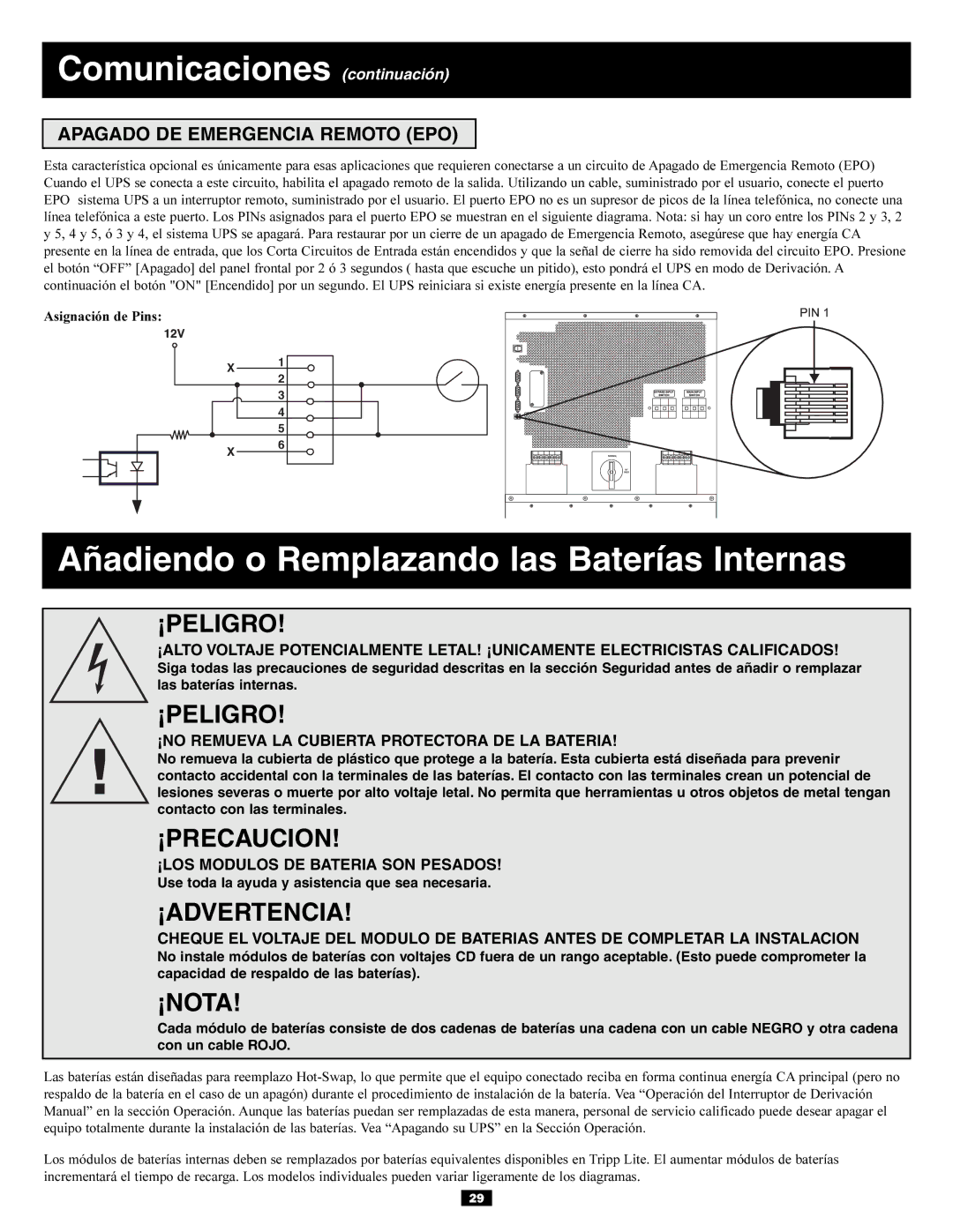 Tripp Lite 30kVA, 3-Phase 20kVA owner manual Comunicaciones continuación, Añadiendo o Remplazando las Baterías Internas 