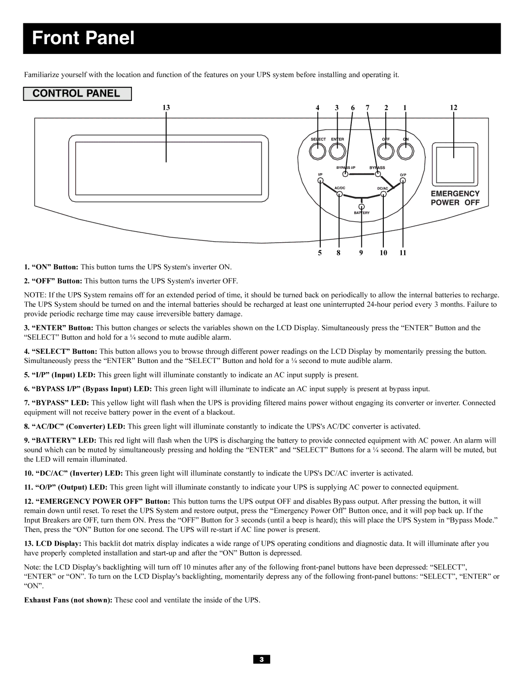 Tripp Lite 30kVA, 3-Phase 20kVA owner manual Front Panel, Control Panel 