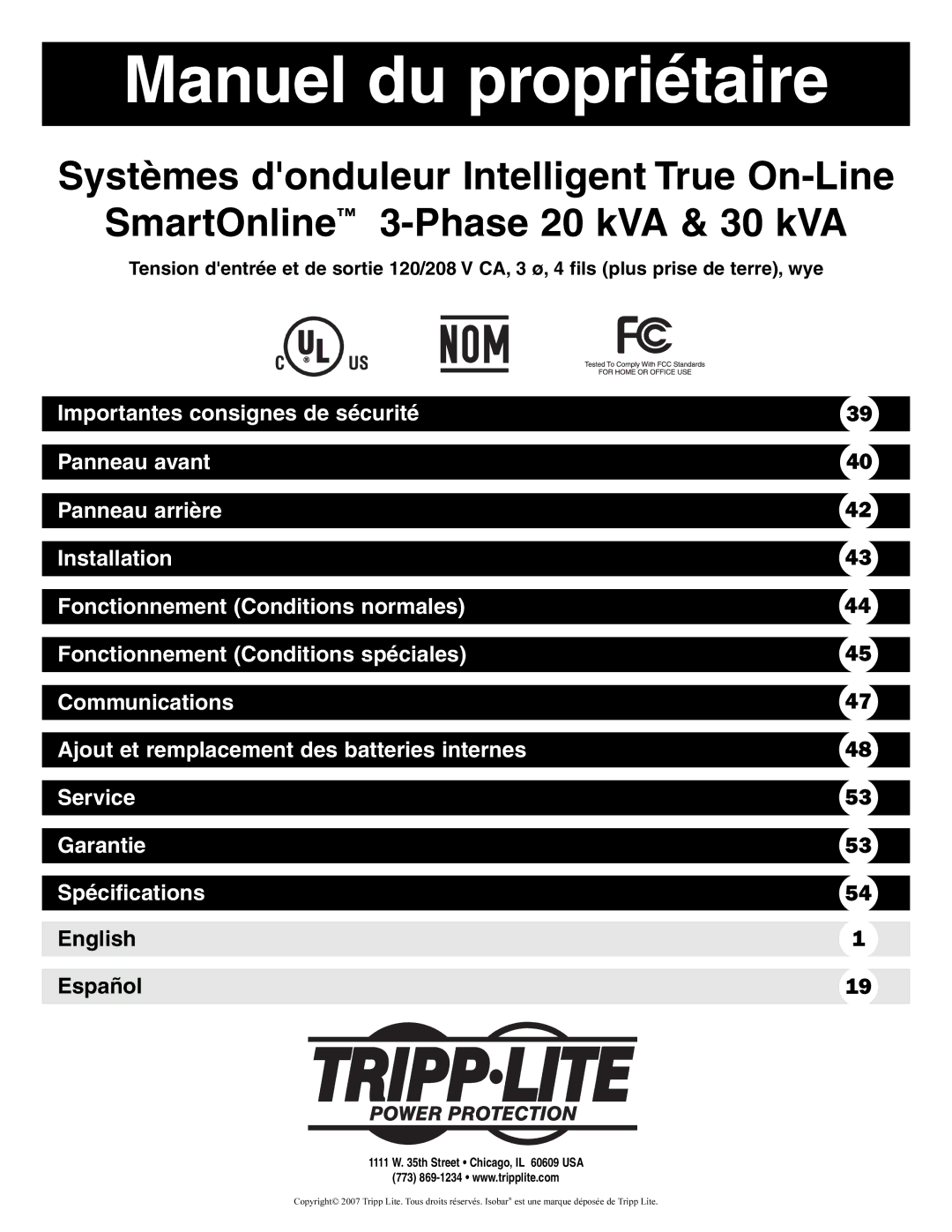 Tripp Lite 3-Phase 20kVA, 30kVA owner manual Manuel du propriétaire 