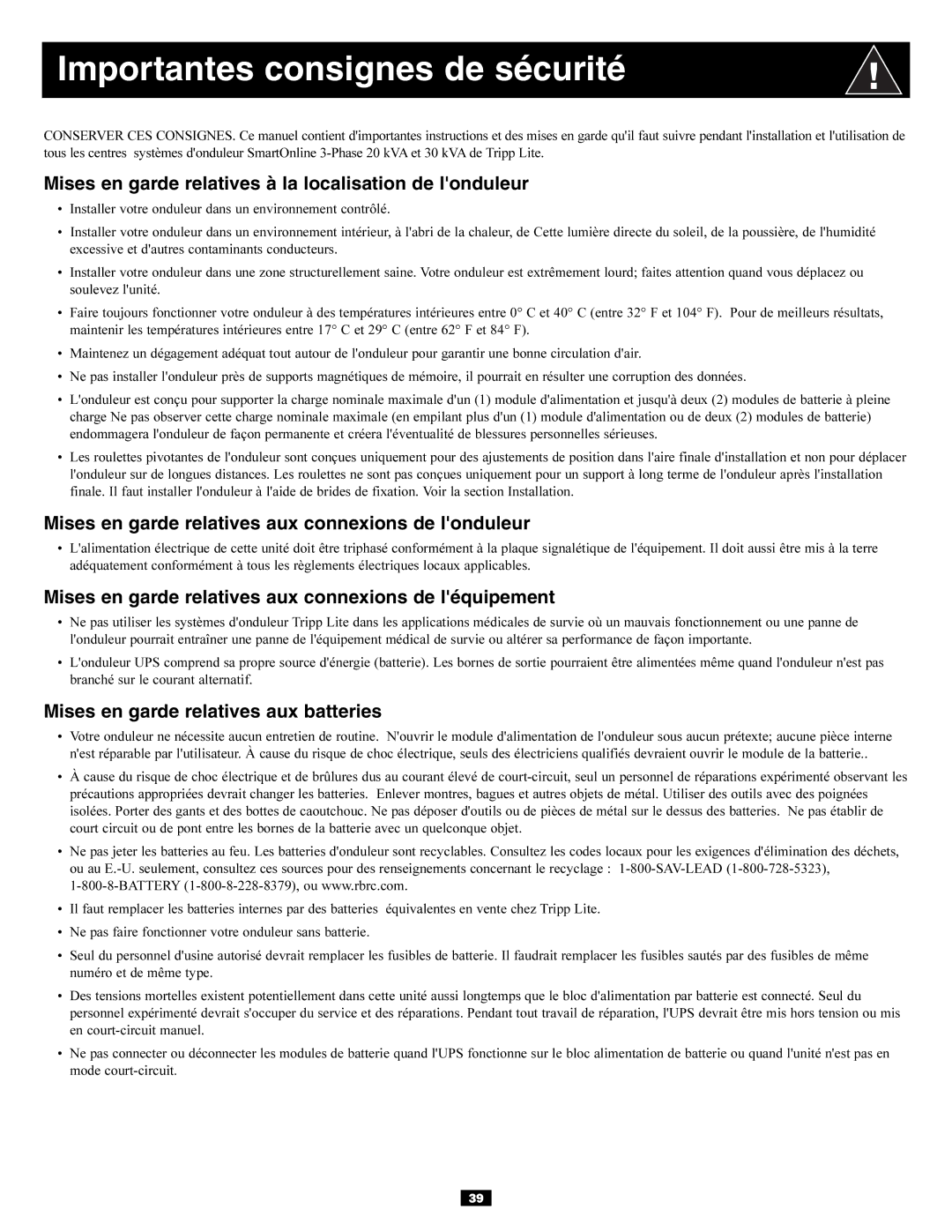 Tripp Lite 30kVA, 3-Phase 20kVA Importantes consignes de sécurité, Mises en garde relatives à la localisation de londuleur 