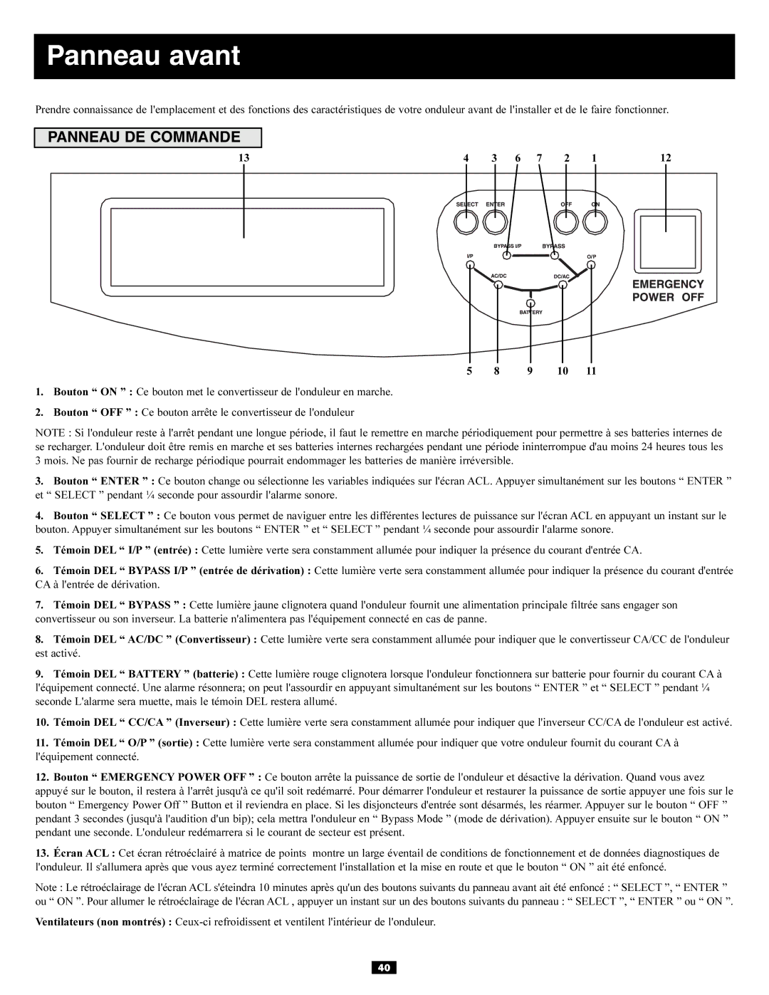 Tripp Lite 3-Phase 20kVA, 30kVA owner manual Panneau avant, Panneau DE Commande 