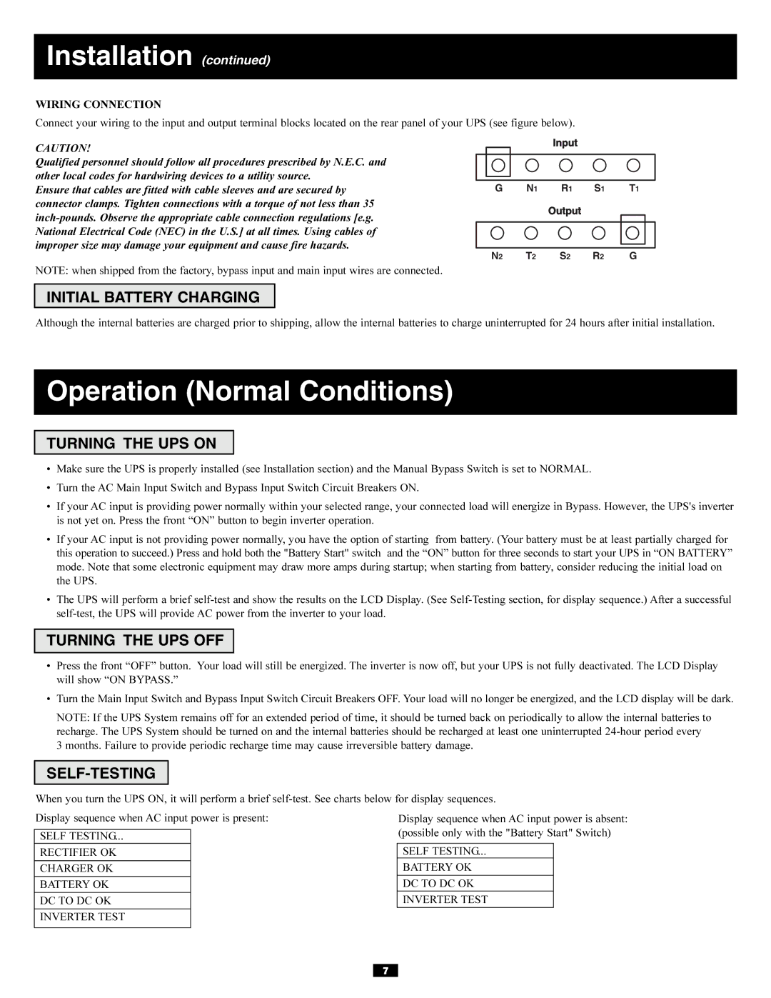 Tripp Lite 30kVA Operation Normal Conditions, Initial Battery Charging, Turning the UPS on, Turning the UPS OFF 